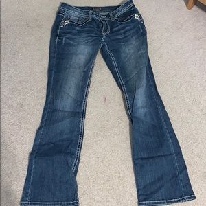 dark wash floral pockets